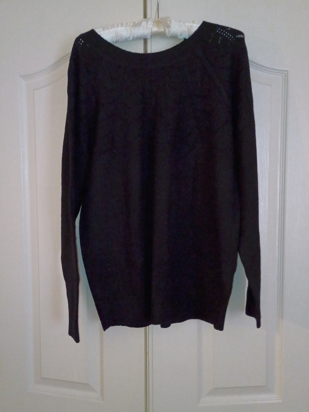 SHEWIN Black Crochet Detail Lightweight Sweater Women’s Size L Crew Neck NWOT